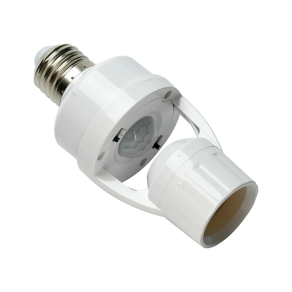 A white motion sensor LED lamp base converter with a threaded connector and a cylindrical housing.