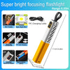 A yellow and white portable LED flashlight with a focus and concentrate feature, showing various accessories like a charging 