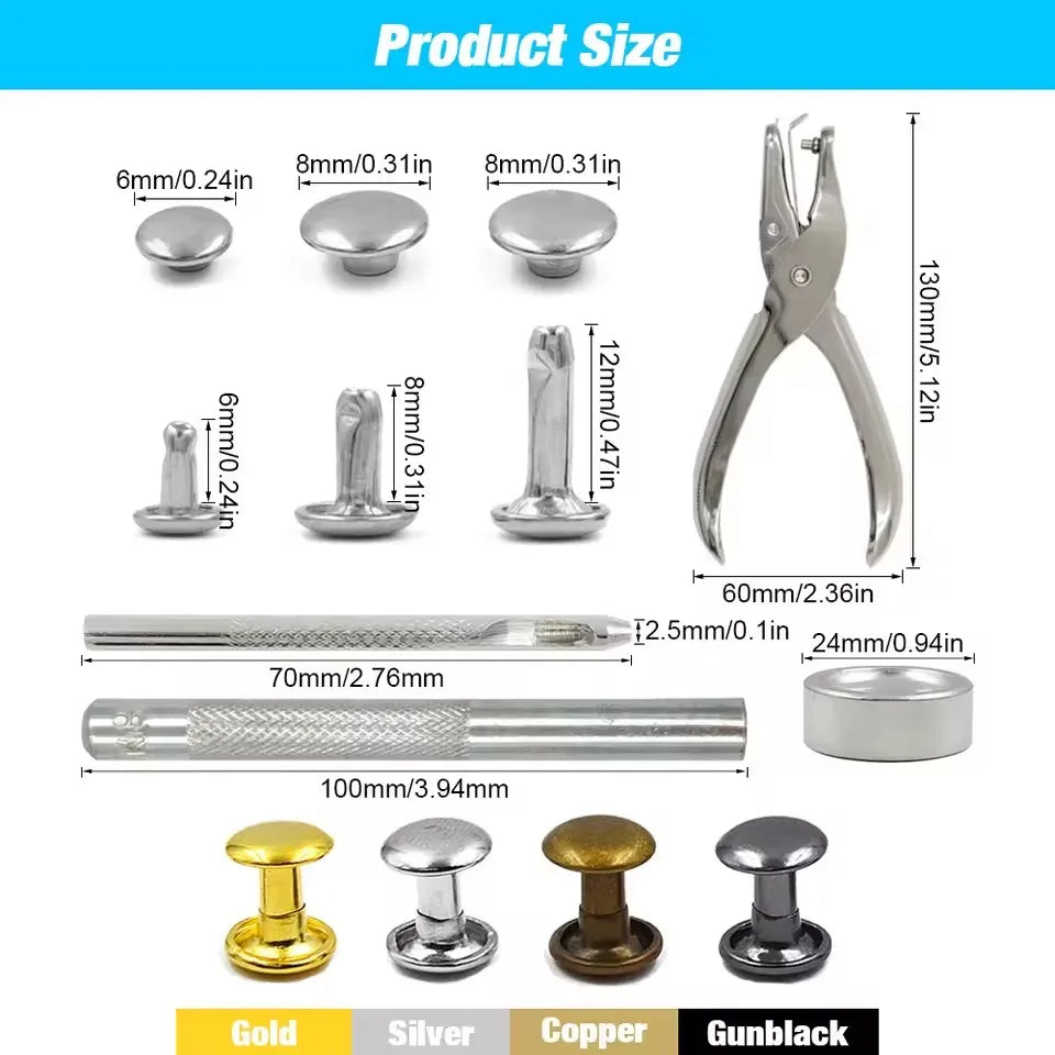 A collection of precision metal rivets in gold, silver, copper, and gunblack finishes shown alongside various sizes and tools