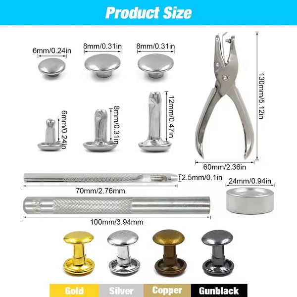 A collection of precision metal rivets in gold, silver, copper, and gunblack finishes shown alongside various sizes and tools