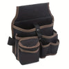 A dark brown and black multifunctional tool storage belt bag with multiple compartments.