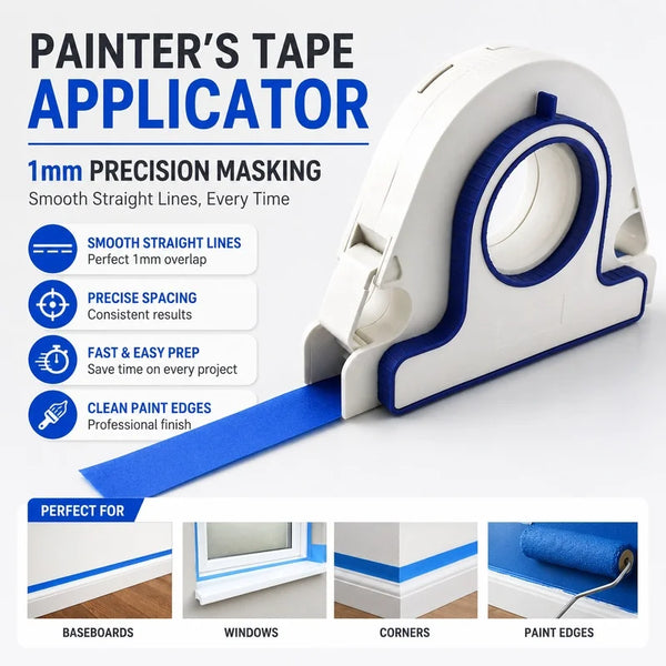 A white painter's tape applicator tool with a blue tape strip, demonstrating precision masking for paint work.