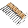 A set of twelve wooden carving chisels with metal tips arranged diagonally.