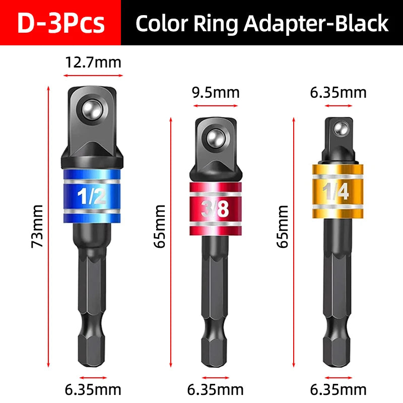 Set of three black color ring adapters with 1/2, 3/8, and 1/4 sizes for power tools