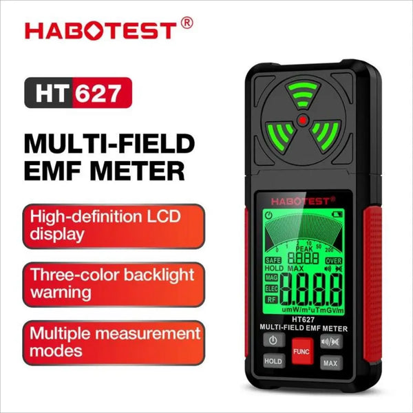 Medidor EMF portátil negro con pantalla verde y luces de advertencia.