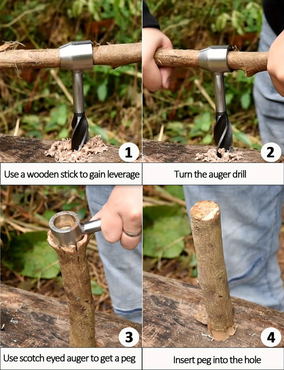 Four steps showing how to use a wooden stick and a Scotch eyed auger drill bit set to get a peg in a hole.