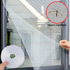 A self-adhesive fly mosquito window net is shown being applied to a window pane, with an inset diagram illustrating the insec