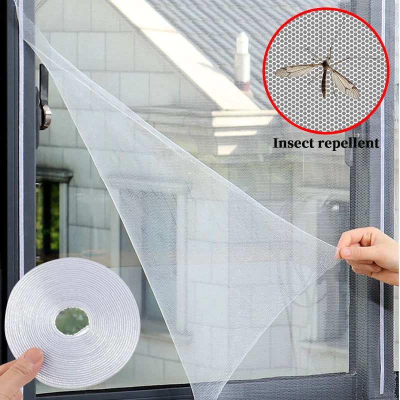 A self-adhesive fly mosquito window net is shown being applied to a window pane, with an inset diagram illustrating the insec