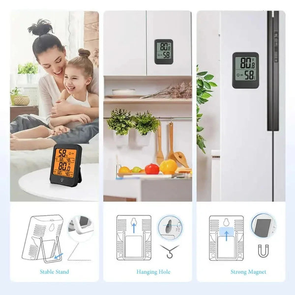 A white refrigerator with various storage compartments and a portable digital thermometer shown alongside mounting options.