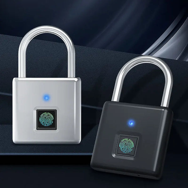 A silver smart fingerprint padlock and a black version are shown against a dark background.
