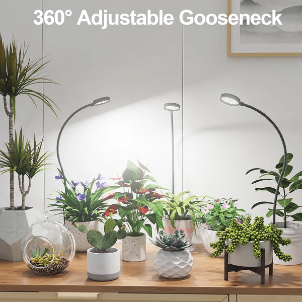 360°-verstellbare Halsleuchte, die verschiedene Zimmerpflanzen auf einem Holztablett beleuchtet.