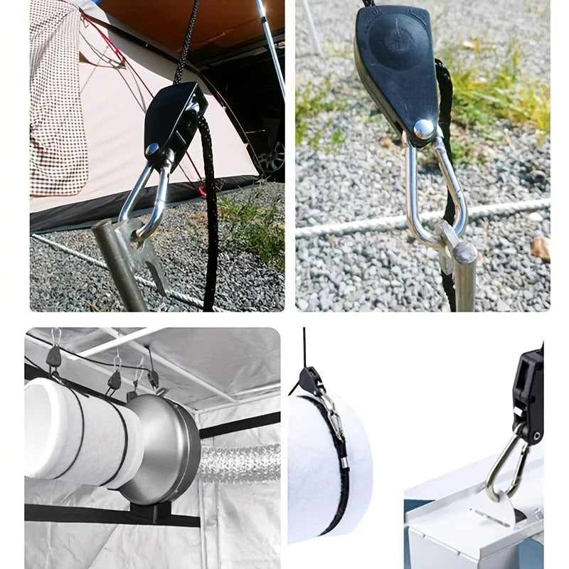 Close-up views of a heavy duty camping tie down rope tightener and related products used for securing items.