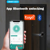 A hand holds a smartphone displaying the Tuya app interface for Bluetooth unlocking of a smart lock on a door.