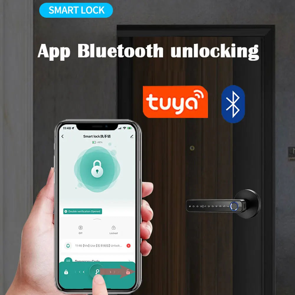 A hand holds a smartphone displaying the Tuya app interface for Bluetooth unlocking of a smart lock on a door.