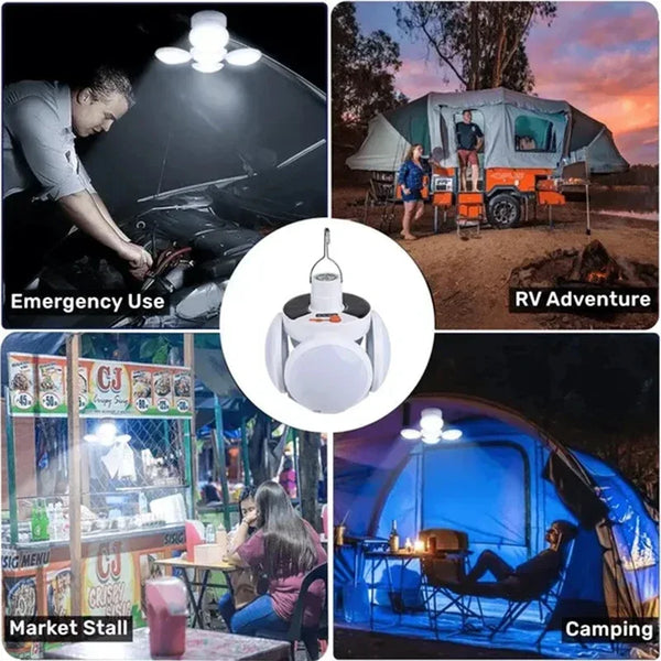 Solar-Lade-LED-Camping-Taschenlampe in verschiedenen Outdoor-Situationen wie Notfall, RV-Abenteuer und Camping