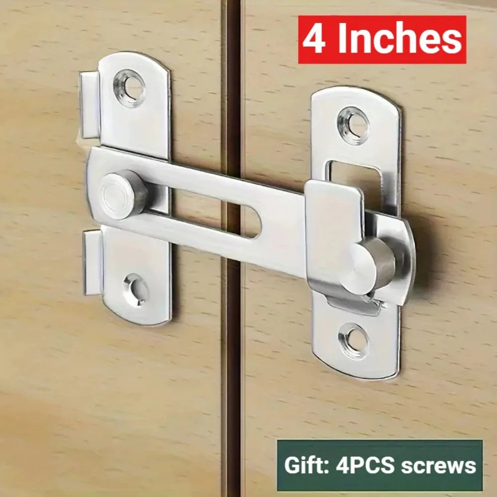 A silver stainless steel sliding door latch with mounting plates and a lever, shown against a wooden surface.