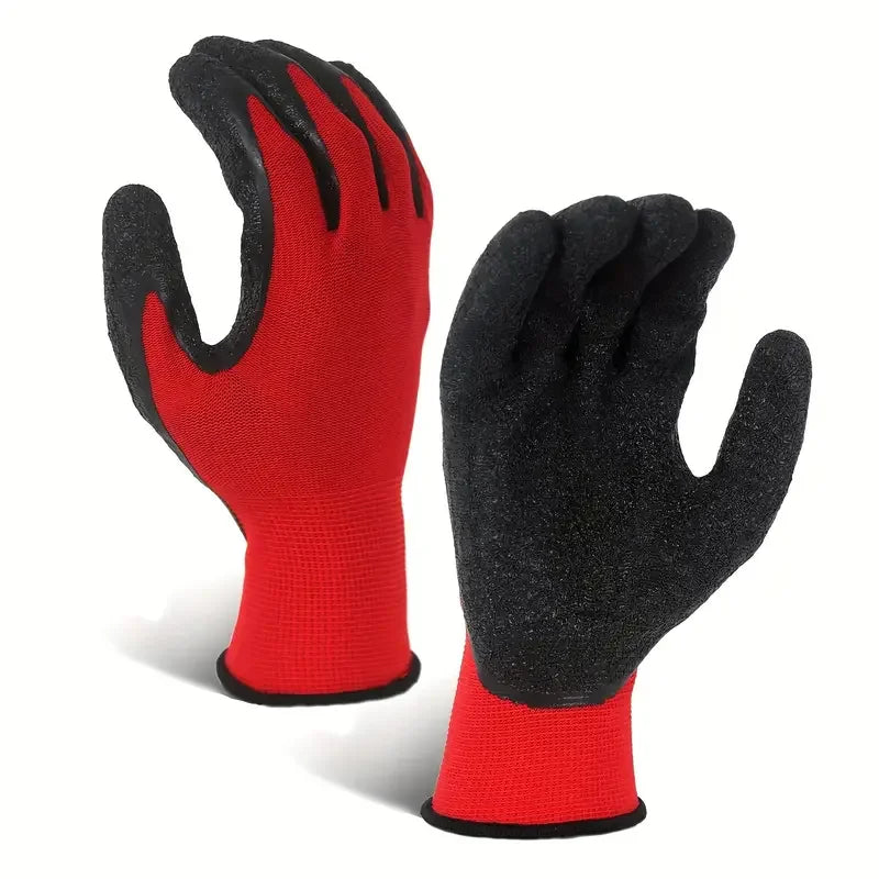 A pair of durable nitrile protective work gloves, one red and one black.