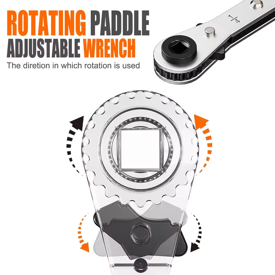A rotating paddle adjustable wrench is shown with a close-up view of its mechanism.