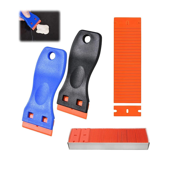A set of precision plastic scrapers in blue and black, along with orange strips and a silver blade.