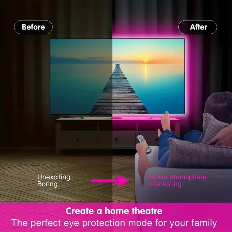 Before and after comparison showing a screen display change with an RGB LED strip light