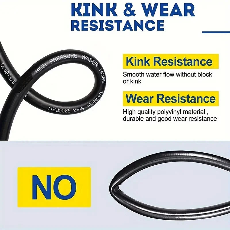 Gros plan d'un tuyau noir résistant au kink et à l'usure avec raccords pour nettoyeur haute pression