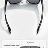 A pair of black polarized sunglasses shown against a white background with size specifications.