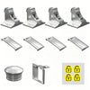 A set of silver magnetic child safety locks and related components for securing doors or cabinets.