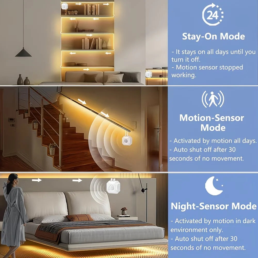 A series of LED light strips with a chasing neon effect installed in various indoor settings, demonstrating stay-on, motion-s