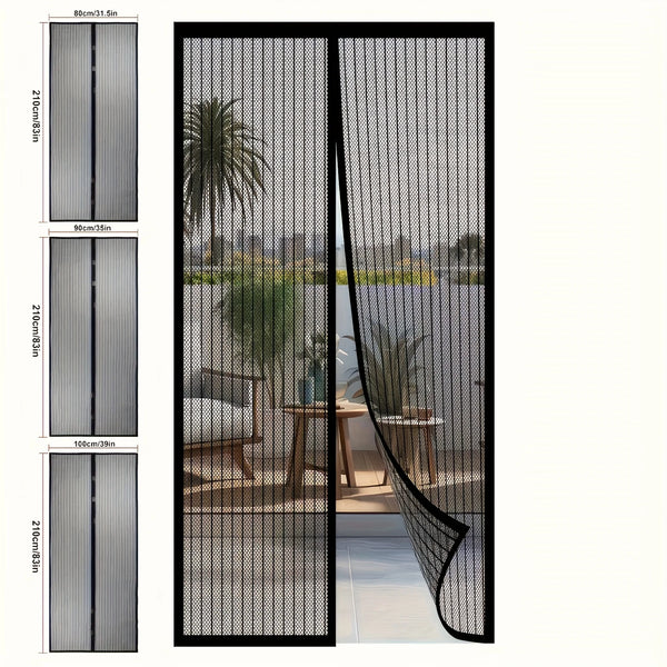 A modern magnetic screen door in black mesh fabric shown with various height options and a curved design.