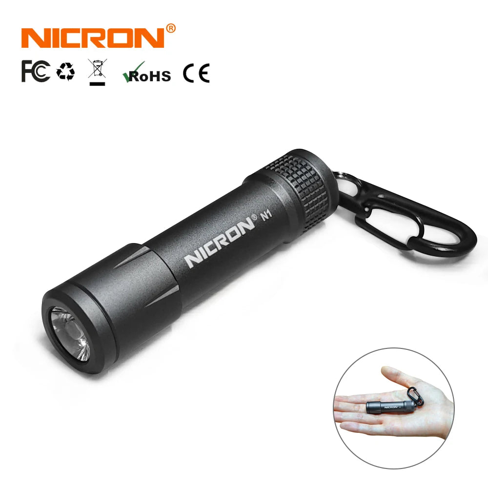 A black Nichron N flashlight with a magnetic clip and a close-up of its operation.