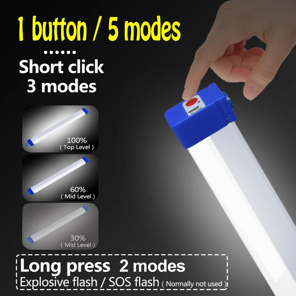 Eine Hand hält eine blaue LED-Lampe mit verschiedenen Modi für kurze Klicks und lange Drücke.