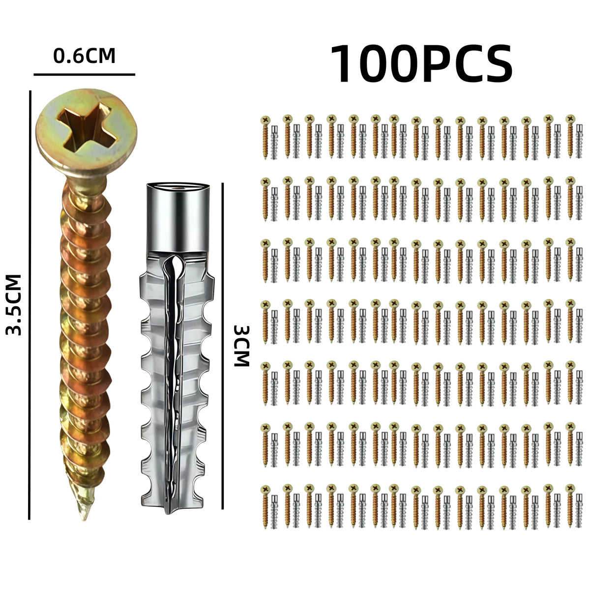 Un juego de 100 tornillos de expansión resistentes, con cabeza en forma de estrella y varias longitudes.