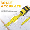 A yellow professional retractable measuring tape is shown next to a blueprint, emphasizing scale accuracy and durability.