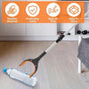 An extra long foldable reaching grabber tool with an orange and black handle is shown picking up a plastic bottle.