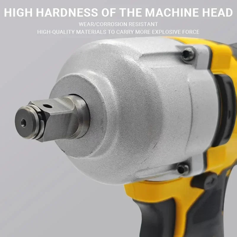 Close-up view of the high hardness machine head on a yellow and black cordless impact wrench.