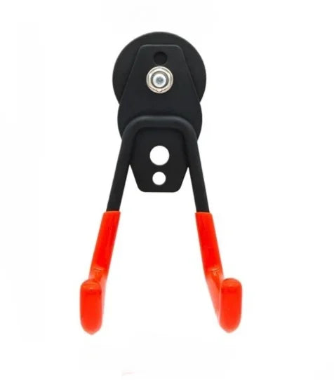 A black heavy-duty magnetic garage hook with a silver ball and orange gripping arms.