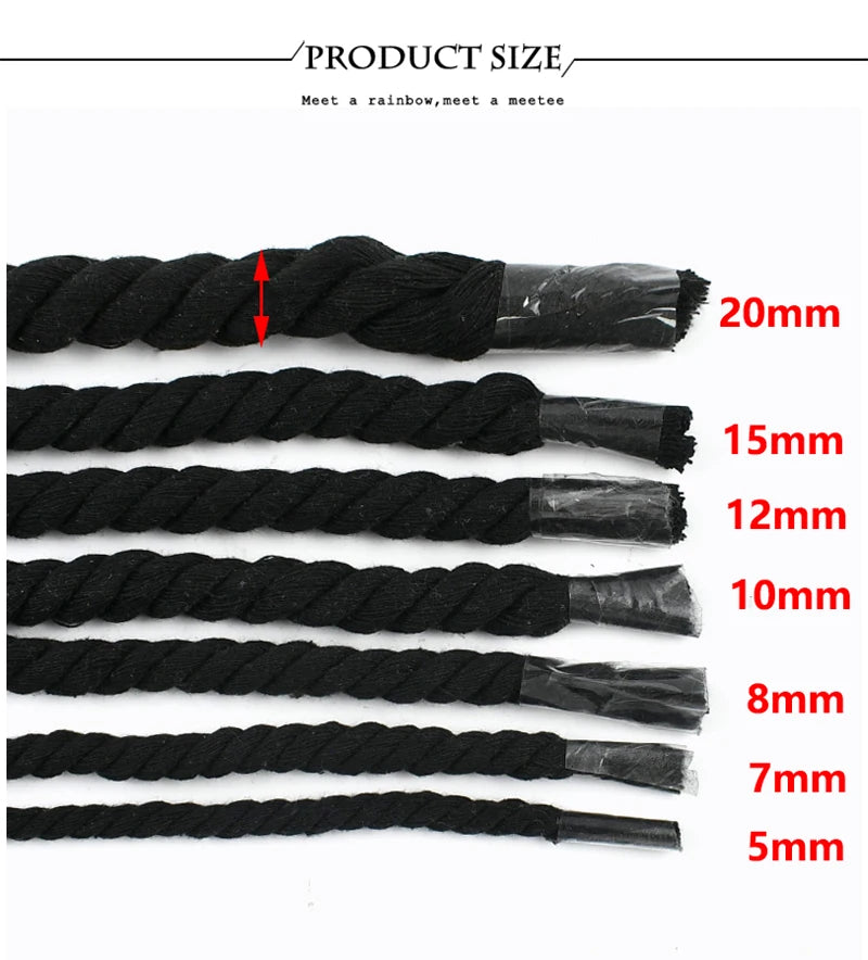 Ensemble de cordes de couture en coton noir réglables pour macramé et loisirs créatifs, avec des diamètres de 5mm à 20mm.