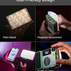 Image showing various features of a palm-sized LED light kit including magnetic accessories, app control, and multi-function 