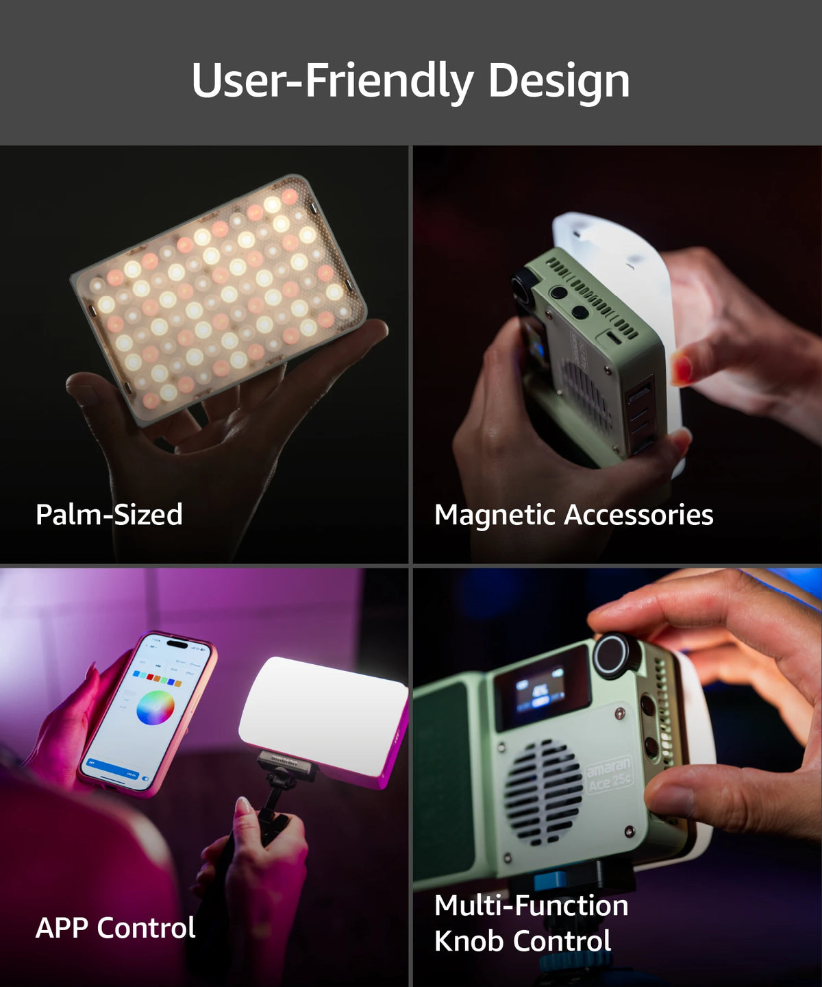 Image showing various features of a palm-sized LED light kit including magnetic accessories, app control, and multi-function 
