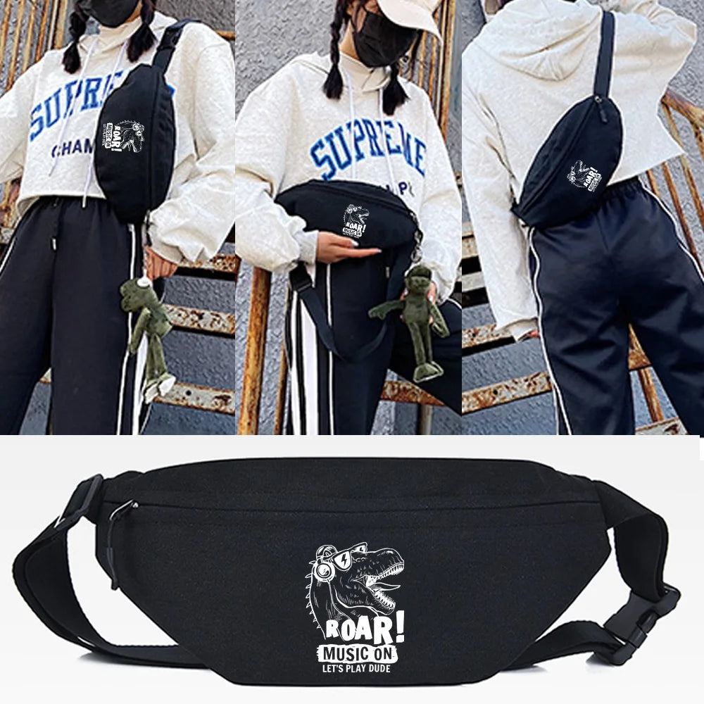 Black linen crossbody waist bag featuring a roaring dinosaur design for everyday essentials