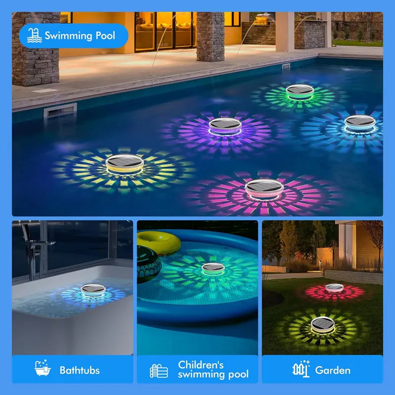 Image showing solar floating pool lights illuminating a swimming pool, bathtubs, children's pool, and garden area.