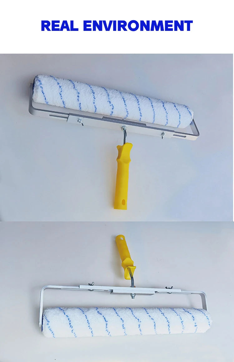 Set of heavy-duty paint roller brushes with a white and blue foam roller and yellow handle on a metal holder.
