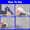 Four steps showing how to use silicone weather stripping seal tape for a door, including cleaning, measuring, peeling, and se