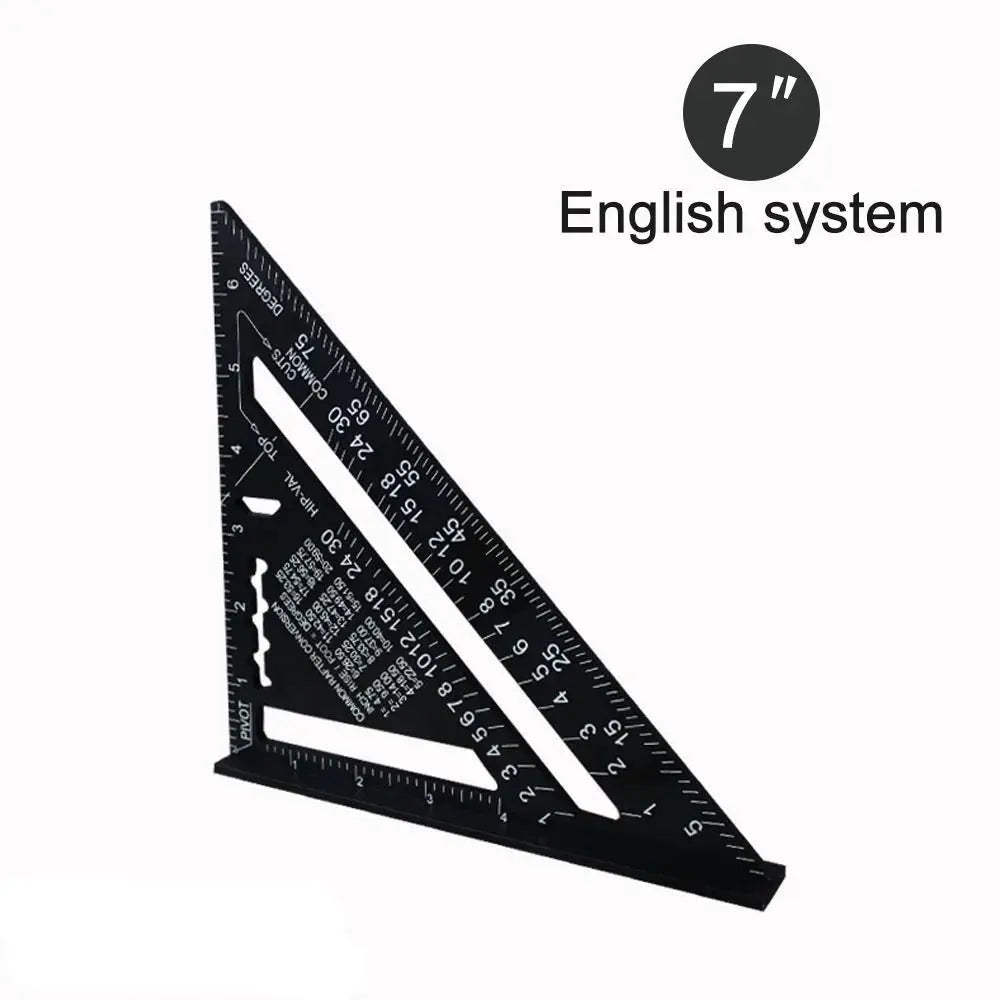 A black aluminum triangle ruler with an English system marked for construction measurements.