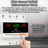 A hand points to an electronic power switch displaying dual voltage readings and a single current value.