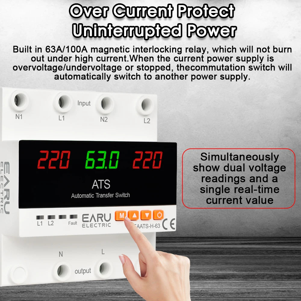 A hand points to an electronic power switch displaying dual voltage readings and a single current value.