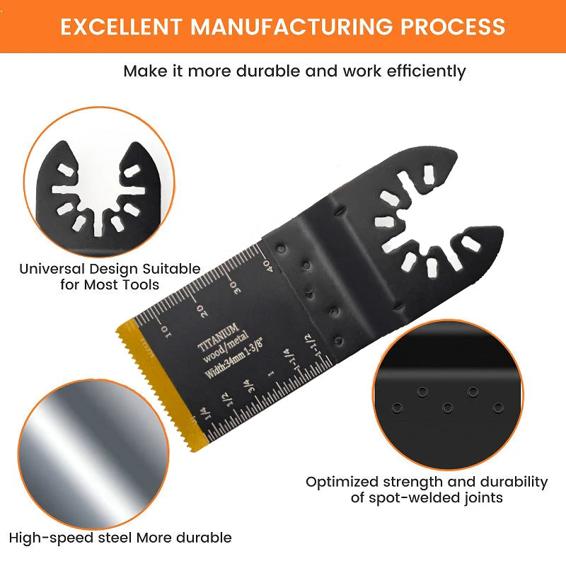 A black titanium oscillating saw blade multitool accessory with optimized spot-welded joints and a yellow-tipped edge.