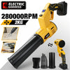 Yellow brushless electric handheld air blower with a black nozzle and various attachments