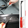 A black car retainer clip tool with a red handle and a long metal rod is shown next to an automotive trim piece.