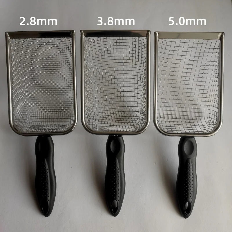 Three stainless steel cat litter scoops of varying sizes 2.8mm, 3.8mm, and 5.0mm shown side by side